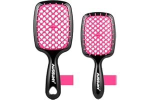 Aussumy Vented Detangling Hair Brush - 2 Pack Regular & Mini Round Detangler Hairbrush with Soft Bristles for Effortless Tangle Free - Ideal for Wet Dry or Damaged Hair for Women Men Kids - Magenta