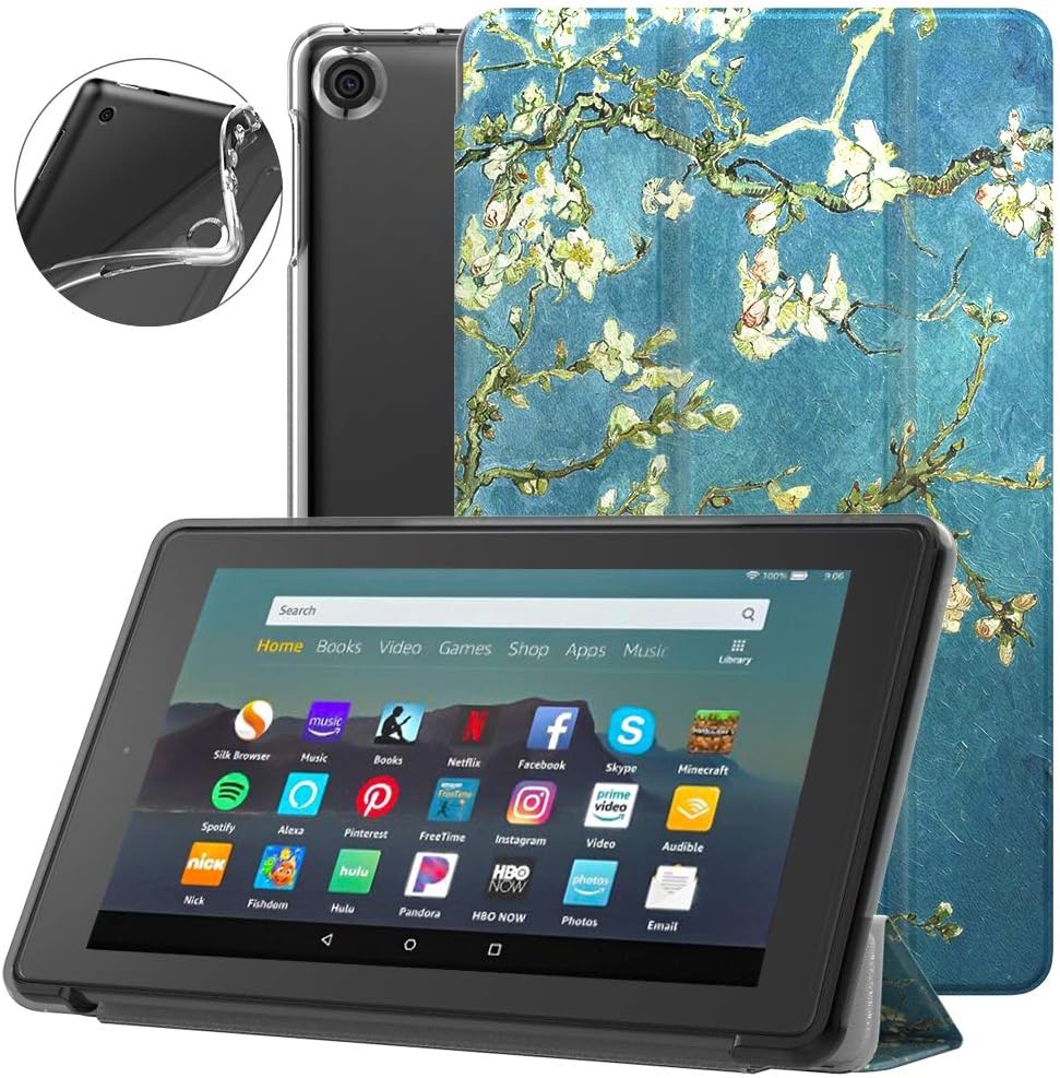 Dadanism All-New Amazon Kindle Fire 7 Tablet Case (9th Generation, 2019 Release), [Flexible TPU Translucent Back Shell] Ultra Slim Lightweight Trifold Stand Cover with Auto Sleep/Wake - Almond Blossom