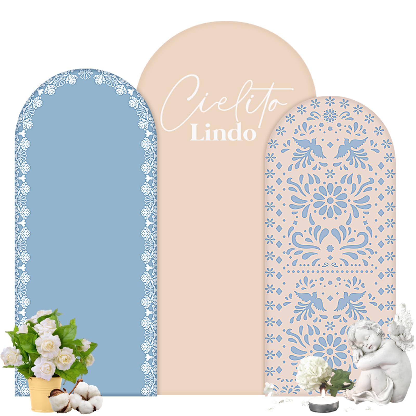 Photo 1 of Chunful 3 Style Mexican Arch Backdrop Cover Baby Shower Photo Background Decor 2-Sided Round Top Backdrop Arch Polyester Fabric Cover for Mexican Wedding Birthday Fiesta Party Decoration(Brown-Blue)