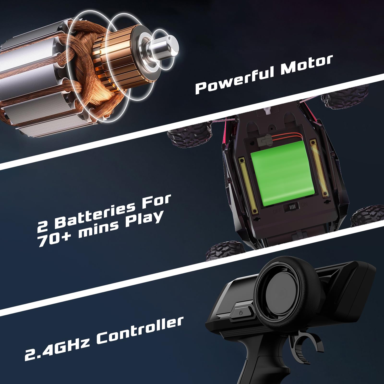 1:16 Scale Remote Control Car, 20 Km/h High Speed Remote Control Truck Off Road RC Monster Vehicle with LED Headlights and Chassis Lights, Electric Toy for Boys Kids and Adults