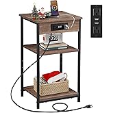 WLIVE Side Table with Charging Station and USB Ports, Small End Tables for Small Spaces, 3-Tier Nightstand with Adjustable Shelf, Bedside Tables, Living Room, Bedroom, Brown