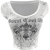 SweatyRocks Women's Goth Vintage Graphic Tees Y2k Cap Sleeve Rhinestone Fitted Crop Tops