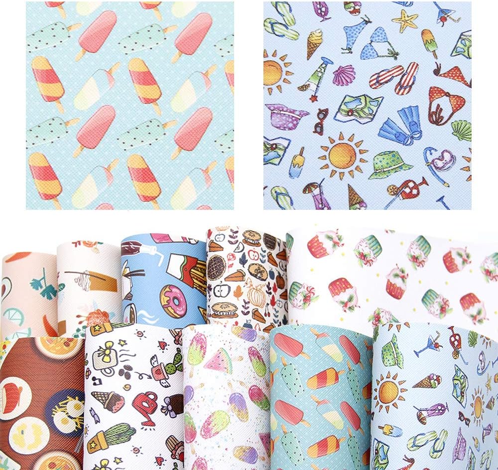 David accessories Ice Cream Food Pattern Printed Faux Leather Sheet Synthetic Leather Fabric 10 Pcs 7.7