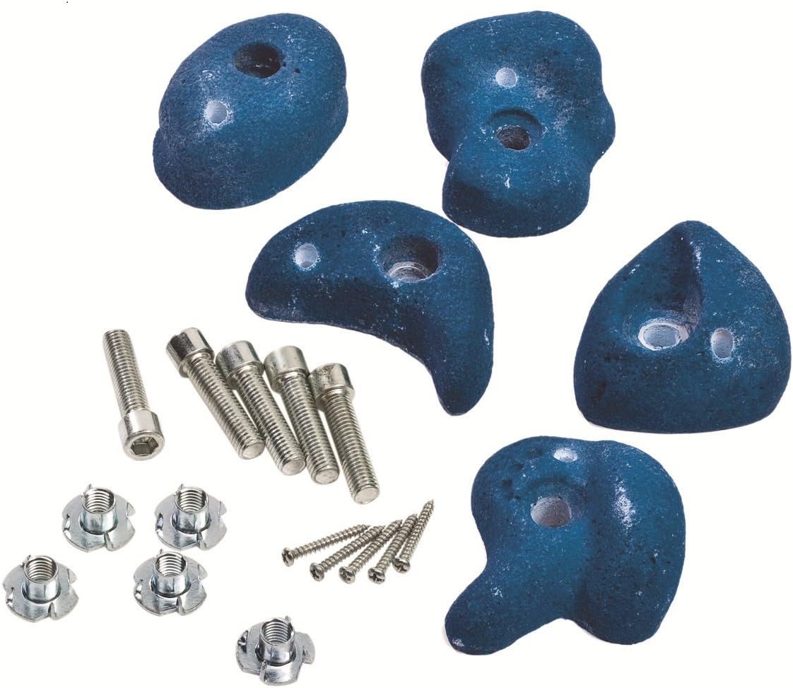 Blue Climbing Stones Grips Set of 5 Pieces + Hardware for Kids Climbing Frames or Tree Houses.