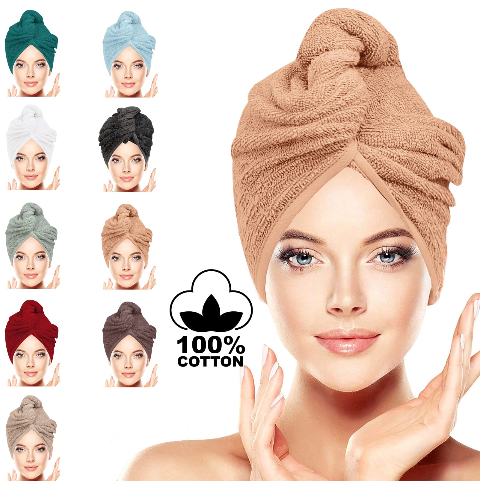 BAVIN LUXURY Hair Towel Wrap 100% Cotton, Instant Drying Lightweight Turban Cap Super Quick Absorbent Anti-Frizz Twist Toweling Dry Hat with Button Loop for Long Curly Hairs, 62CM x 23CM Camel Single
