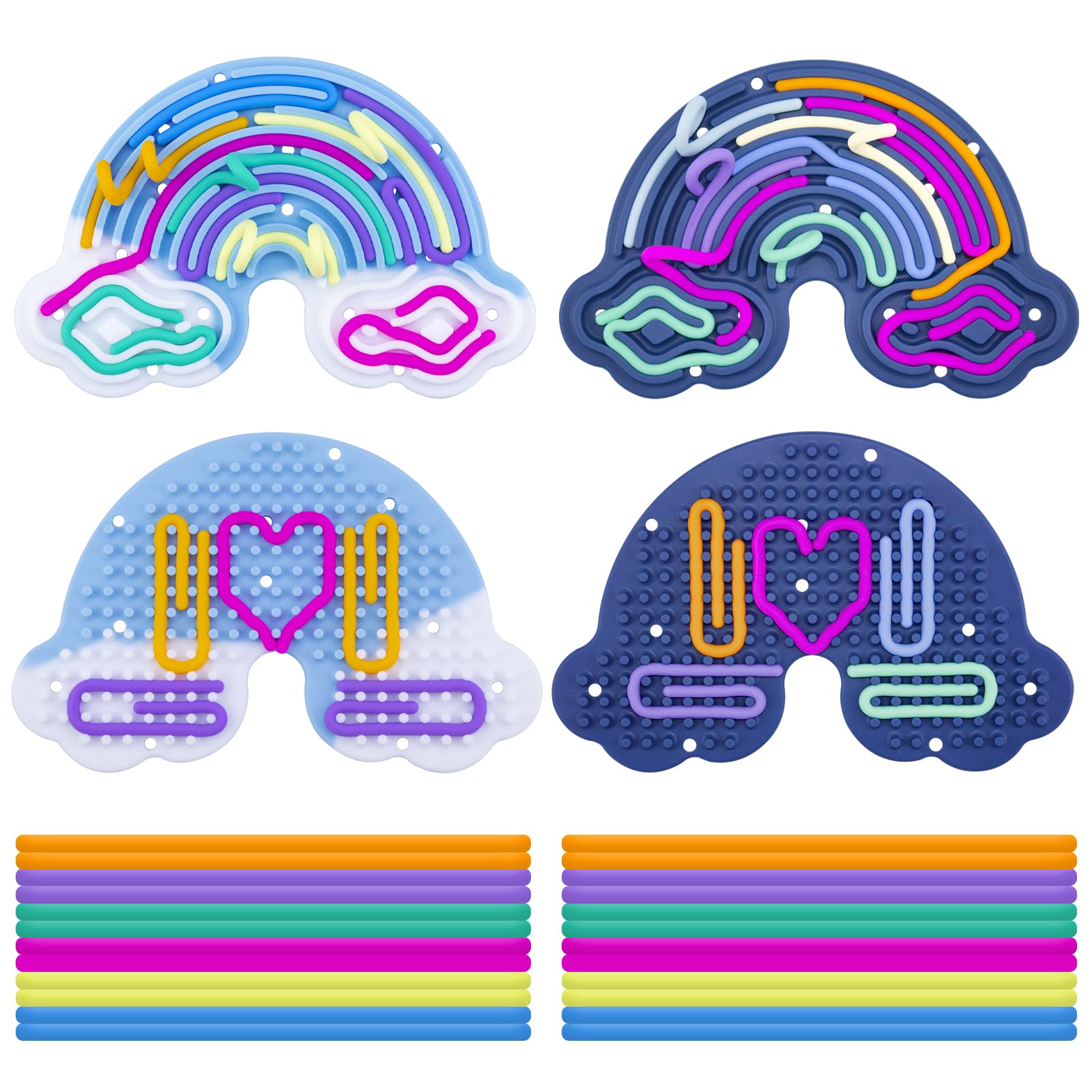 BMSQOFD 2 Pcs Sensory Activity Board Fidget Toy,Rainbow Double Sided Silicone Sensory Toys for Autism Stress,Anxiety,ADHD,Kids Toddler Boys Girls 3+Adults with Travel Bag & 24 Strings