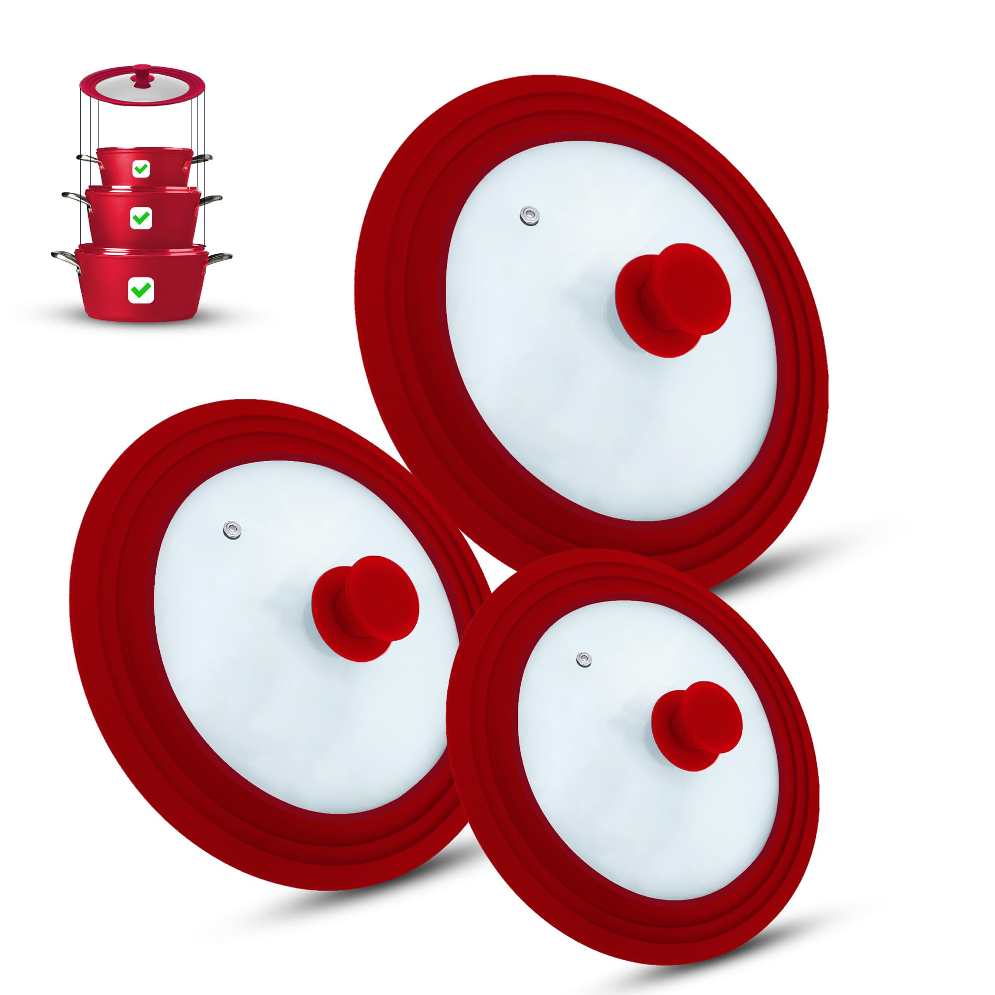 Set of 3 universal glass lids, 3-piece, pots and pans 16/18/20 cm & 24/26/28 cm & 28/30/32 cm, with outlet valve and silicone rim. (red)