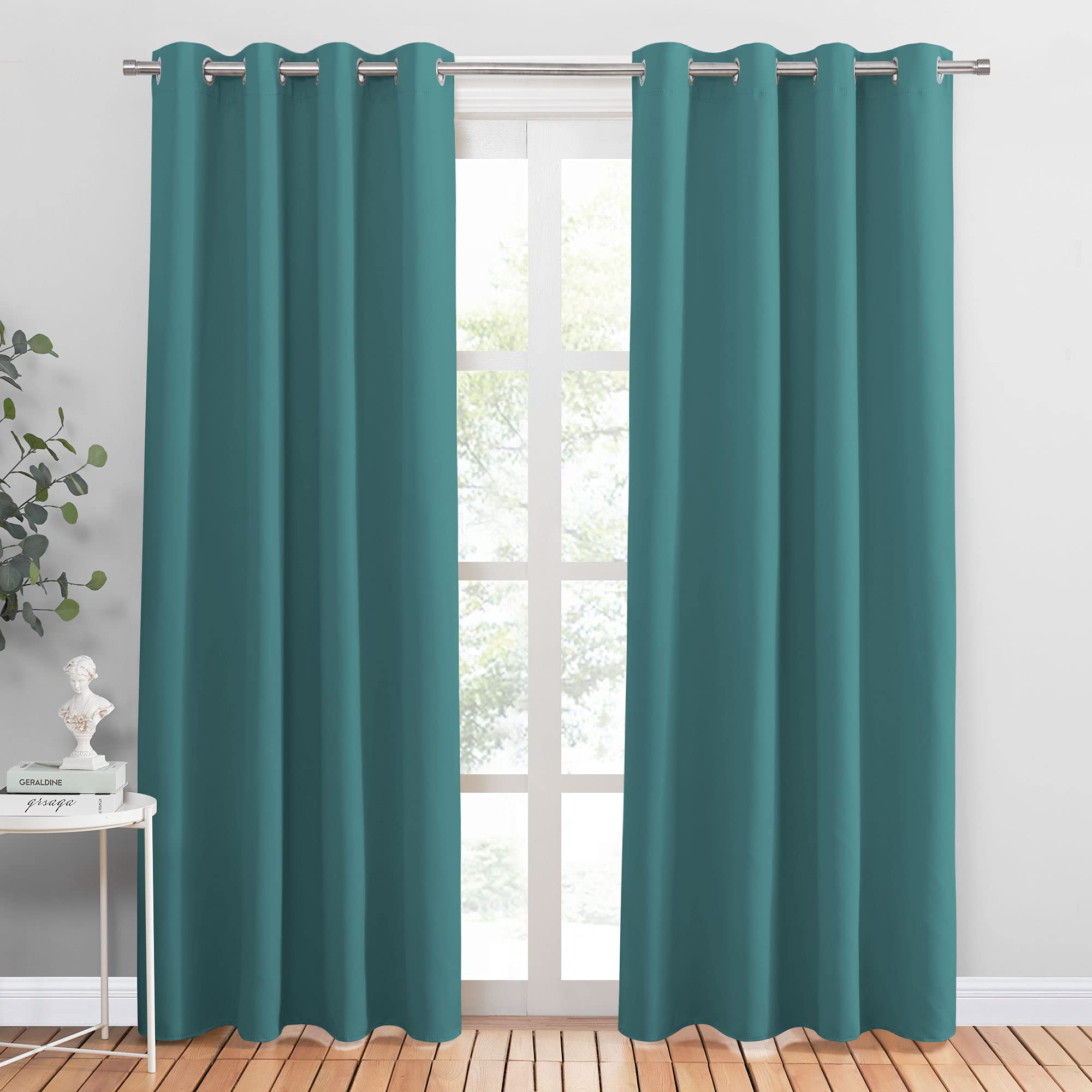 PONY DANCE Thermal Blackout Curtain - 90 Inch Long Eyelet Top Curtains for Shades Room Darken & Wind Proof Window Covering for Living Room, 2 Panels, W 46 in - L 90 in, Sea Teal