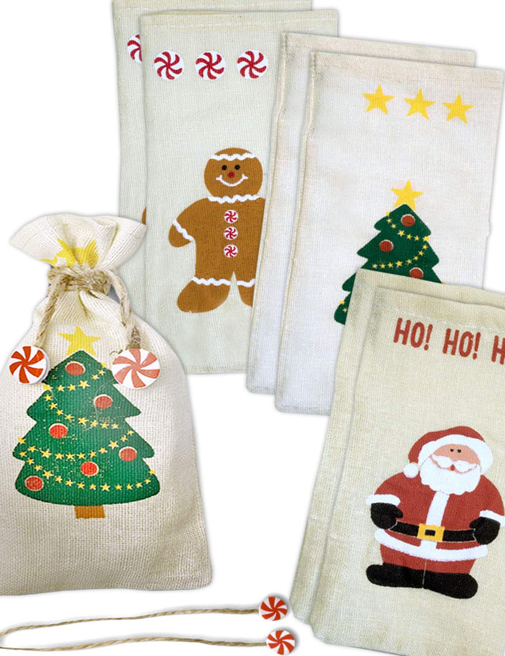 HomeTools.eu - 6 gift bags fabric jute sacks Santa Claus, Christmas tree, gingerbread man Christmas tree, Christmas sack, cutlery, sweets, table decorations, 19 x 10 cm