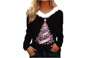 Letfool Womens Christmas Faux Fur Trim V Neck Tops Xmas Tree Graphic Printing Sweatshirt Tunic Tops for 2025 Winter Festive