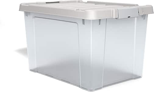 clear storage bins with red lids