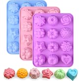 Sakolla 3 Pack Flower Molds Silicone, 12 Cavities Different Shapes Silicone Molds for Chocolate, Cupcake, Candy, Jelly, Ice Cube, Muffin (Pink, Purple, Blue)