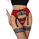comeondear Women Sexy Garter Belt with Thong Lace Plus Size Garter Belt Lingerie Set Floral Suspender Belt with 4 Strap Clips