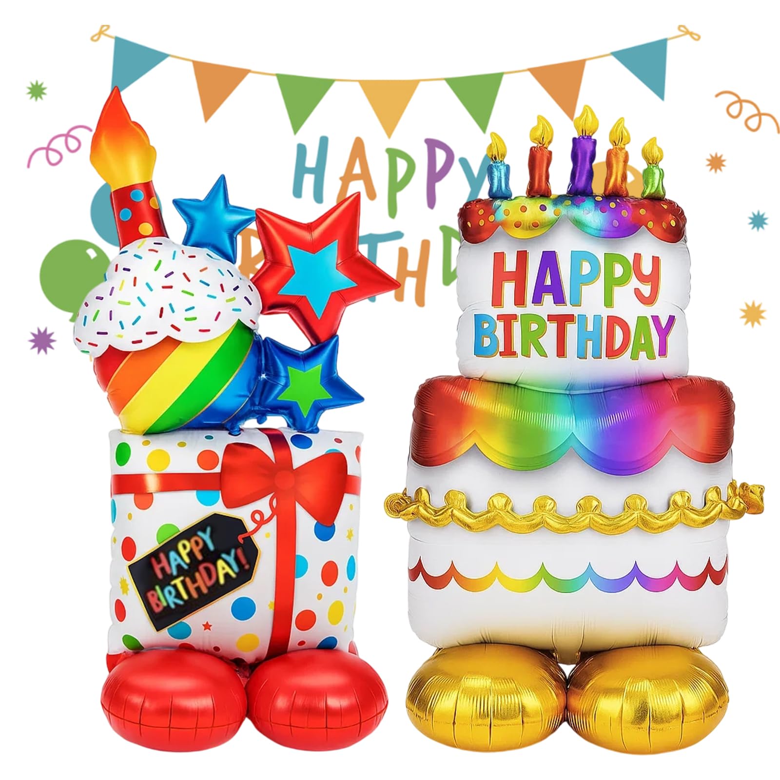 Helium Balloons Birthday, 2PCS Happy Birthday Helium Balloon with Colourful Base, Double Layer Cake Aluminium Foil Balloons for Party Decorations, Surprise Gift Unveiling, Photo Backdrop