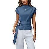 Yeokou Women Buckle Tie Top Stand Collar Belted Short Sleeve Elegant Dressy Spring Summer Business Casual Party Blouse