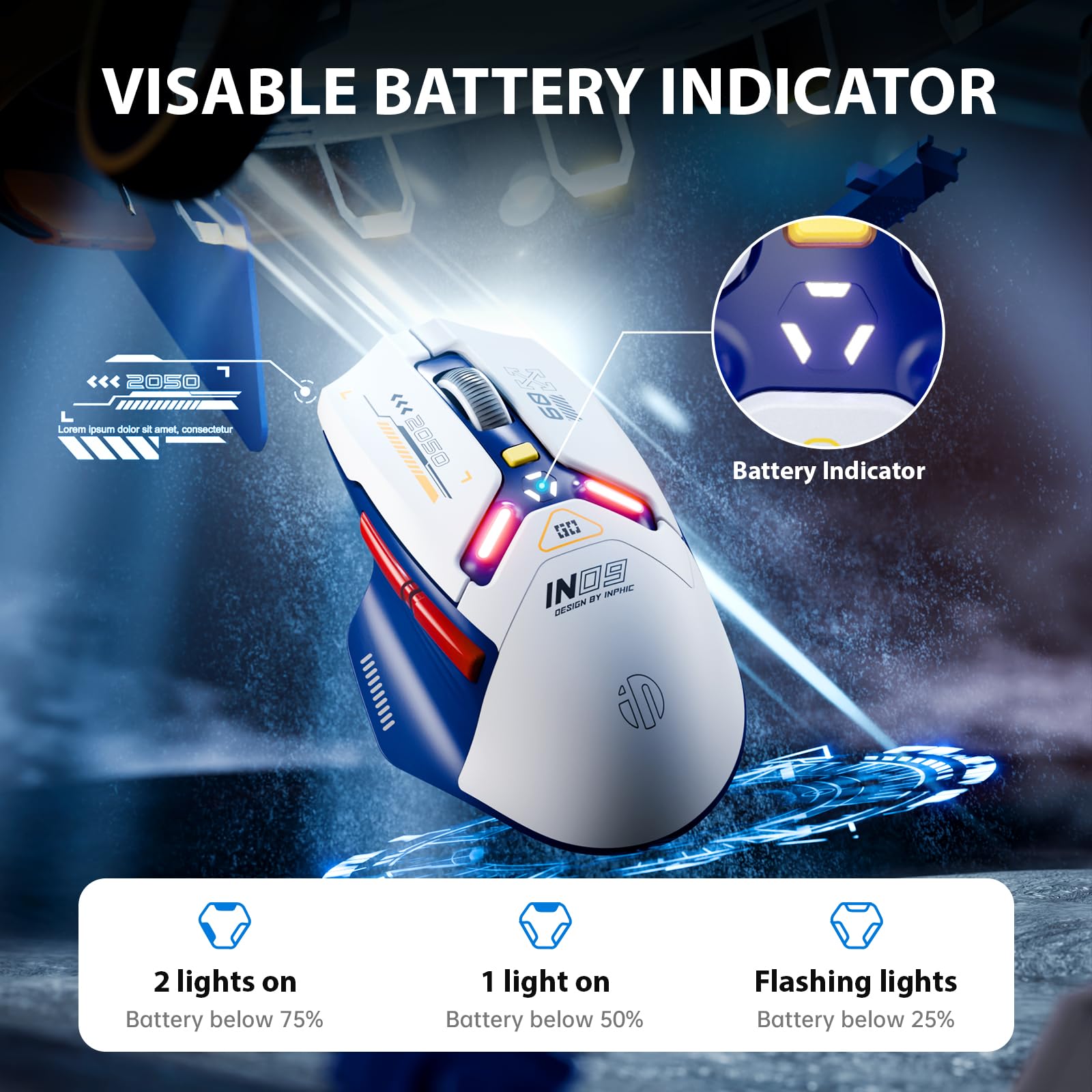 INPHIC IN9 Wireless Gaming Mouse, True Tri-Mode Bluetooth/Type-C Wired/2.4G Wireless Connection, 10000 DPl, Fully Programmable, RGB Backlit, for Laptop PC Mac