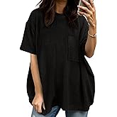 Tankaneo Womens Oversized Short Sleeve Tops Summer Textured Crew Neck T Shirt Ribbed Casual Basic Tees