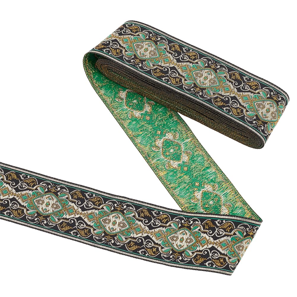 FINGERINSPIRE 50mm Wide Diamond Flower Metallic Jacquard Ribbon 7m Geometric Black Green Polyester Boho Jacquard Ribbons Tapestry Fringe Trim Embroidery DIY Craft Accessories for Clothing Decor