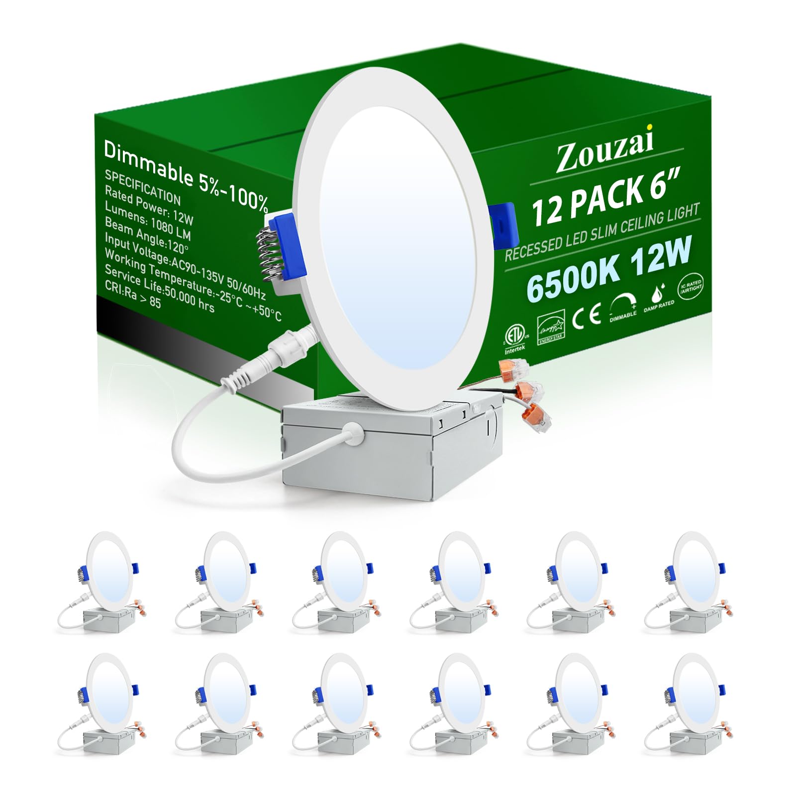 Photo 1 of zouzai 12 Pack 6 Inch Ultra-Thin LED Recessed Lights, 6500K Cool White, 12W=110W, Dimmable with Junction Box, Commercial Office Lighting for Kitchen, Bathroom, Retail, Workspaces