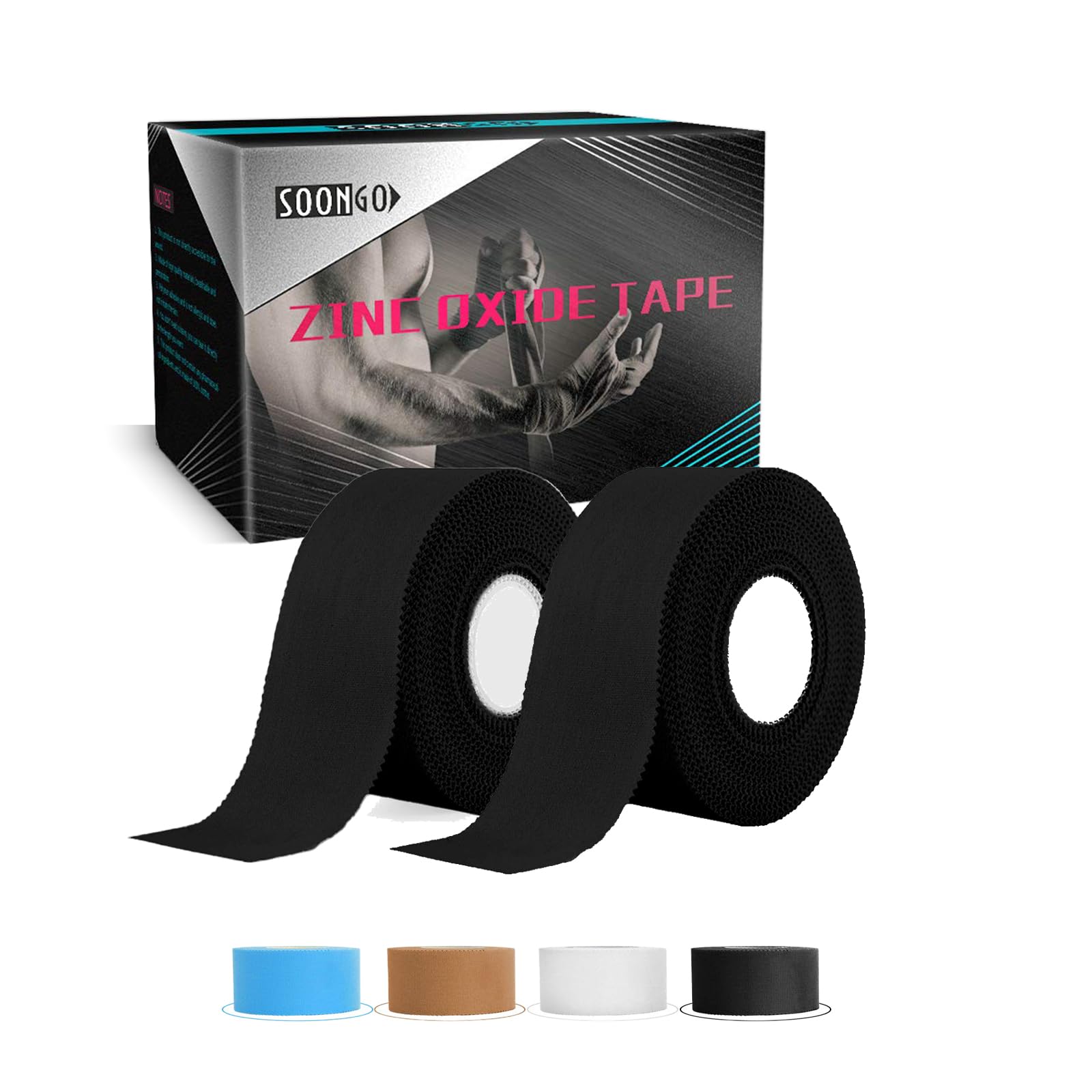 SOONGO Zinc Oxide Tape 2.5cm x 10m Black 2 Rolls Sports Strapping Athletic Tape Inelastic Provide Maximum Support Fixed Joint Good Viscosity Hypoallergenic