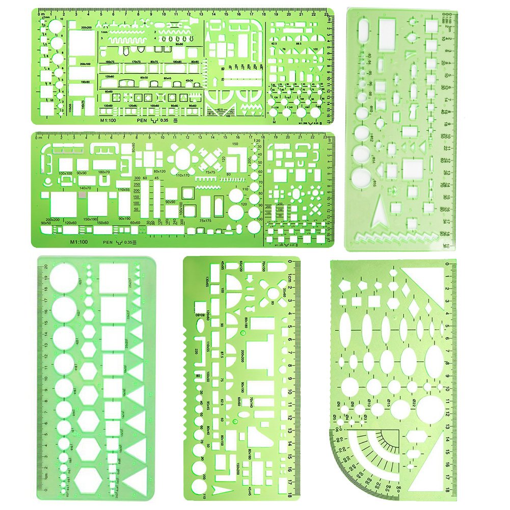6 Pieces Plastic Measuring Templates Templates Formwork Stencils Drawing Rulers for Office and School, Light Green, Plastic for Office and School for Office and School