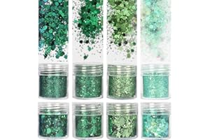 COKOHAPPY St. Patrick's Day Holographic Green Chunky Glitter 8 Boxes 10ml Sequins Iridescent Flakes Hexagon Tips Mixed Paillette Face Eyes Body Hair Nail Art