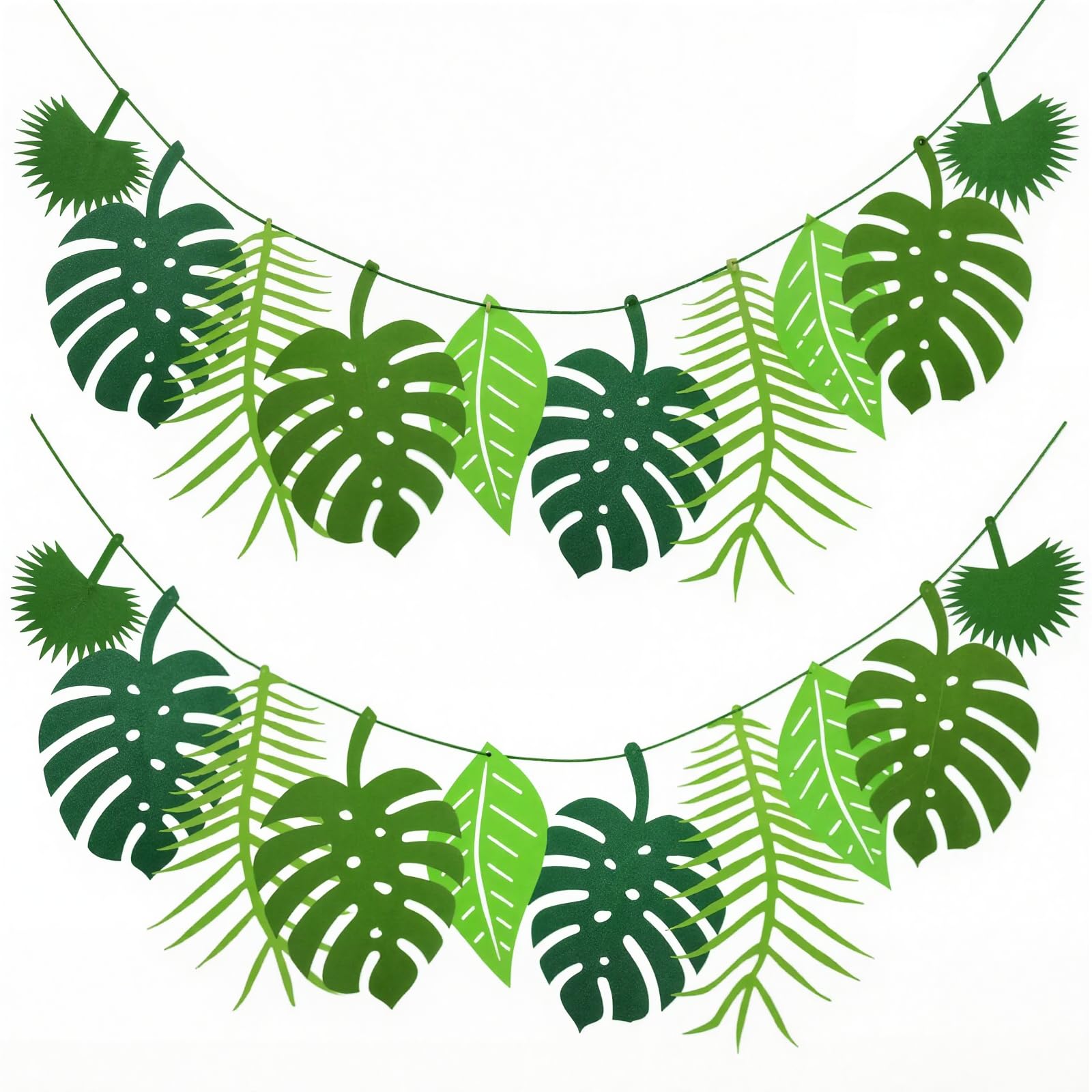 2 Pcs Green Tropical Palm Leaves Garland Bunting(6m in total), Felt Leaf Garland, for Birthday, Summer, Luau, Jungle, Kitchen Dining Room Summer Theme Party 19.7Ft