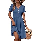 WNEEDU 2026 Summer Dress for Women V Neck Button Down Elastic Waist Sundress Casual Short Sleeve Midi Dresses with Pockets