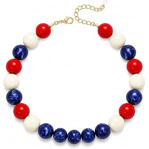 Peraca Cris Red White Blue Necklace for Women Chunky Beaded Necklace Patriotic Statement Collar Large Colorful Round Bead Cho