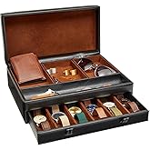 Juvale Mens Jewelry Box Organizer and Holder - Black Watch Box with Leather Valet Tray for Home Improvement - 12.6 x 9 x 4 In - Mens Jewelry Organizer