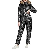 RISISSIDA Women Ski Suit Jumpsuit, Winter Onesies Outdoor Sports Waterproof Snowsuit One Piece with Hood Removable Fur Collar