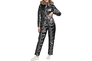 RISISSIDA Women Ski Suit Jumpsuit, Winter Onesies Outdoor Sports Waterproof Snowsuit One Piece with Hood Removable Fur Collar