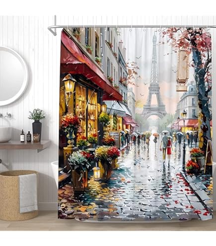 Eiffel Tower Shower Curtain - Vintage Paris Red Rose Stamp Design, Polyester Fabric With Hooks - Romantic Bathroom Decor 14 thumbnail image