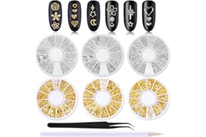 WOKOTO 6 Boxes Gold Silver Hollow Nail Art Studs Set Star Moon Flower Nail Rivet Kit Manicure Jewelry Decorations With 1Pc Tweezers And Picker Pencil