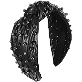 1PCS Knotted Headbands for Women, Black Non Slip Pearl Top Knot Headband Womens Wide Beaded Hairband Jeweled Embellished Head Band Hair Accessories for Women Girls
