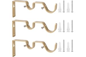 Ycolnaefllr Set of 3 Golden Double Rod Holders Double Curtain Rod Brackets Heavy Duty Double Curtain Rod Hanging Brackets for 1 and 0.7 -Inch Rod