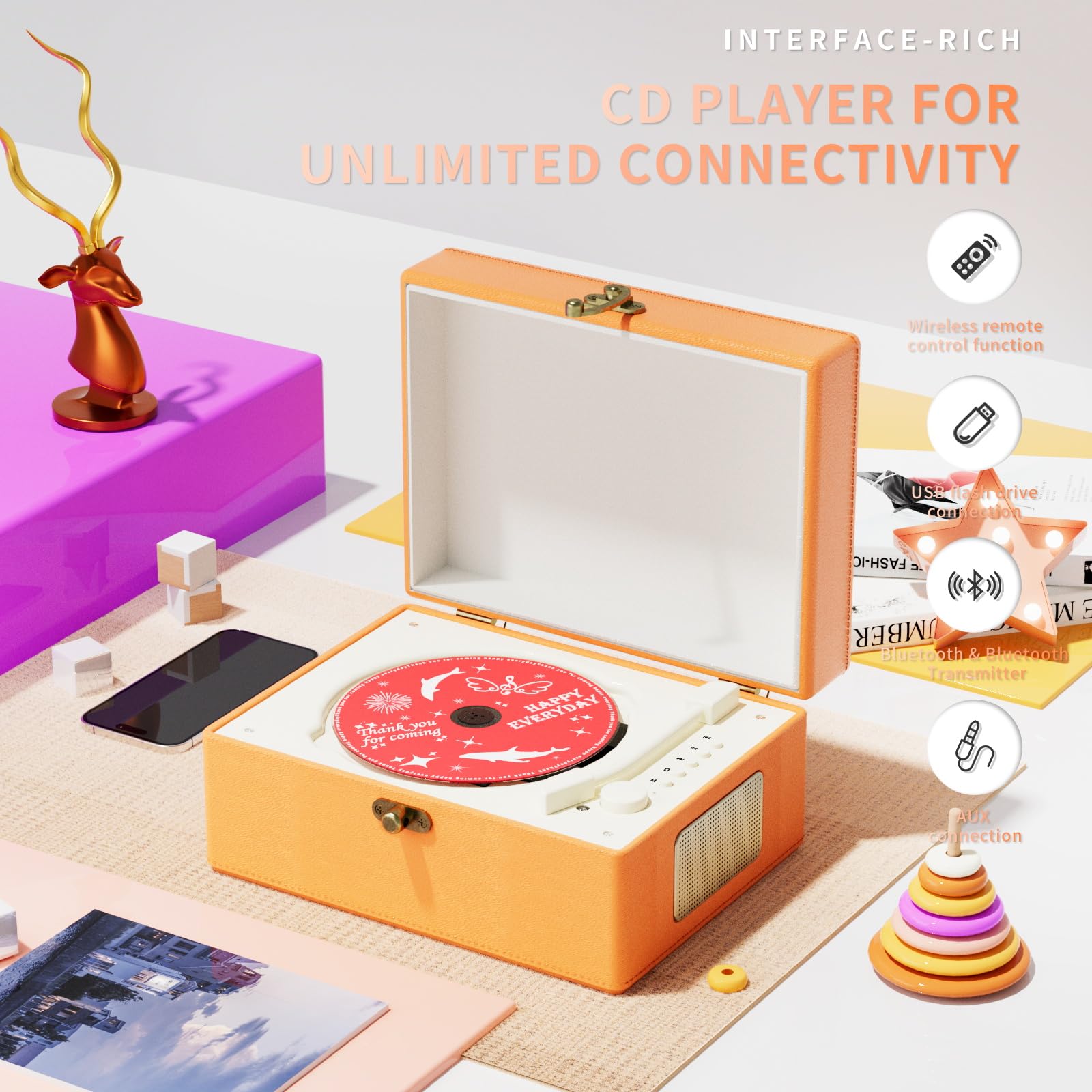 Yintiny Time Music Box CD Player with Speakers; Bluetooth Transmitter; Festival Gift; BGM Player for Home Decor (Orange)