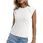 Sidefeel Womens Tops Casual Crewneck Cap Sleeve Tops Ribbed Raw Hem Summer T Shirts Slim Fit Basic Tees Blouses
