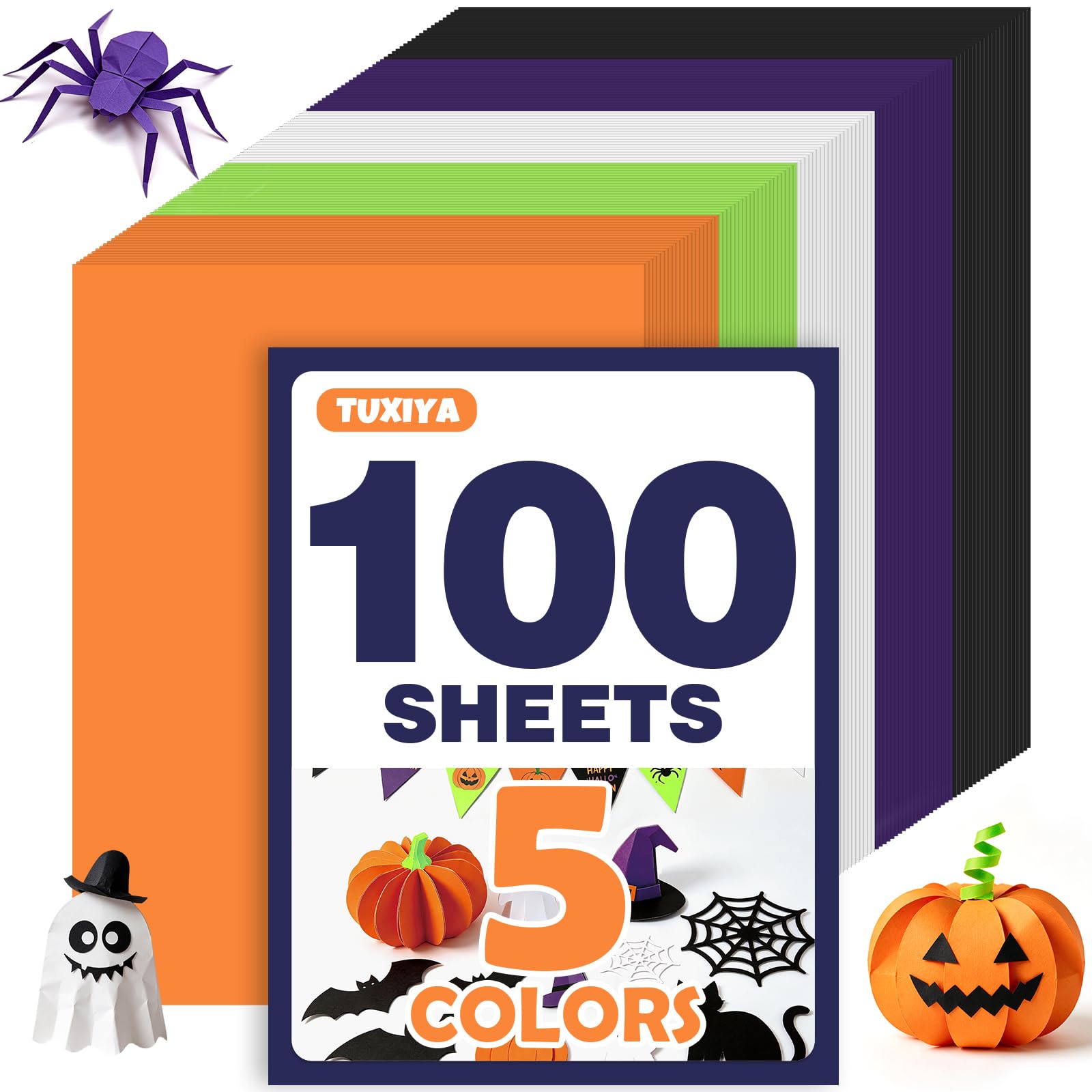 TUXIYA 100 Sheets 8.5" X 11" Colored Cardstock, 5 Colors Card Stock | 180GSM/65LB Construction Paper,Halloween Cardstock Prin