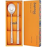 BAPMOO Korean Utensils Chopsticks and Spoon Set Reusable Long Handle Stainless Steel Good for Gift Happy Face & Hangul Characters Engraved Silver