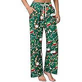 Christmas Pajamas Bottoms for Women Santa Claus Snowman Print Wide Leg Pj Pants with Pockets Lounge Sleepwear