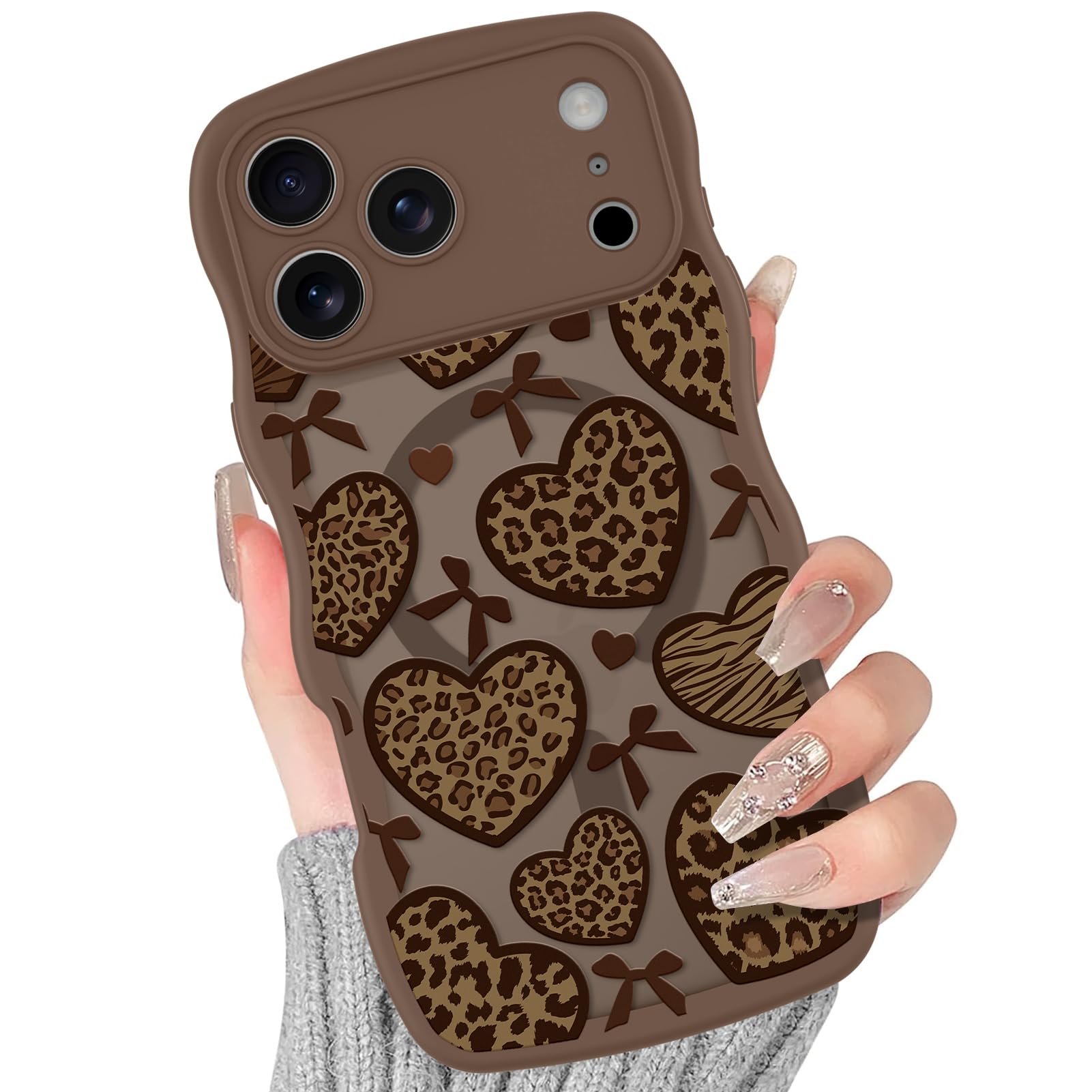 BITOBE Magnetic Case for iPhone 17 Pro [Compatible with MagSafe] Cute Heart Leopard Pattern Case for Women Girls Curly Wave Edge Bold Protective Phone Cover