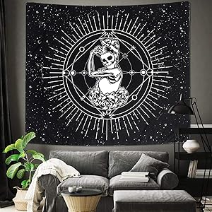 Jeteven Tapestry Wall Hanging, Black and White Skull Print Tapestry Bedroom Home Decor Polyester Hanging Tapestry Chakra Starry Skeleton Tapestry, 78''×59''