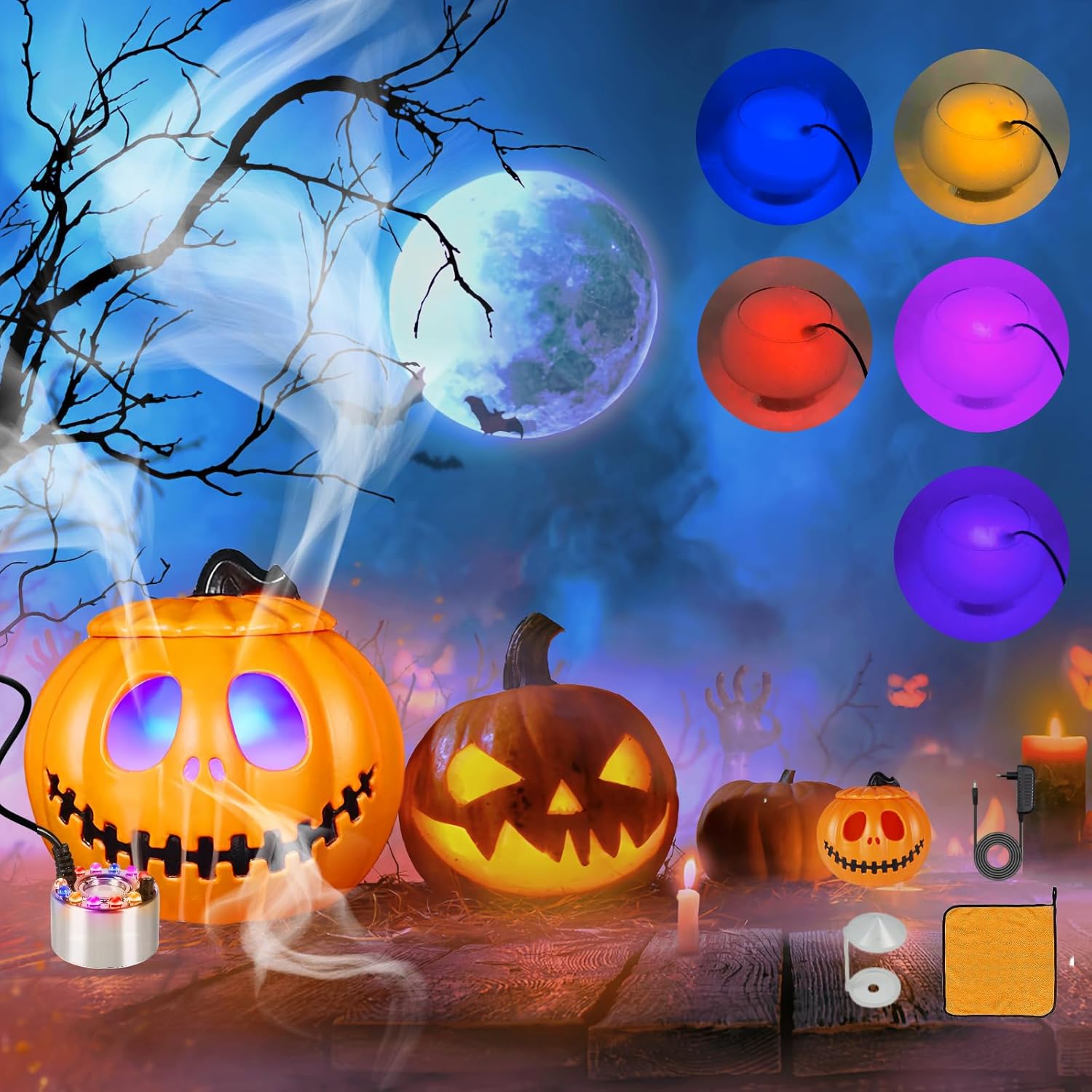 Indoor Fountains & Accessories - Gaoxun Halloween Mist Maker, 12 LED Pumpkin Fogger, Halloween Party Fog Machine Atomizer mit Witch Cauldron, Towel, Splash Guard, Rockery Fish Tank Vase Birdbath Air Humidifier for Holiday Decor, Gift