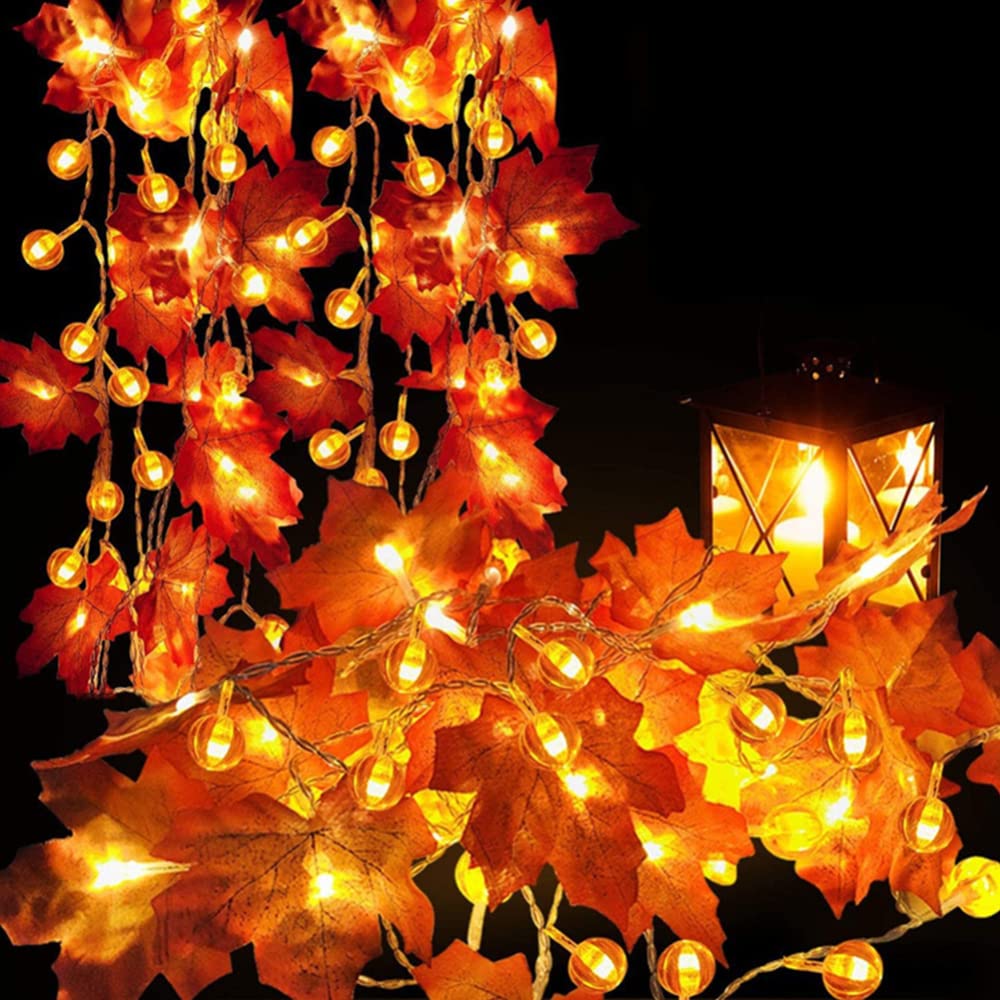 SaiDeng 10Ft Fall Decor Garland with20 Led Solar String Lights,Thanksgiving Halloween Maple Leaves Pumpkin Decorative Garland Lights For Autumn Harvest Home Decor Maple Leaf + Pumpkin