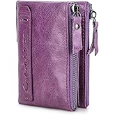 CONTACTS Soft Leather Wallet for Women Small Bifold Coin Purse Double Zipper Card Holder with RFID Blocking (Purple)
