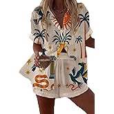 LOVESHOOT 2 Piece Short Sets for Women Summer Boho Short Seeve Botton Down Shirts Matching Shorts Set Beach Vacation Clothes