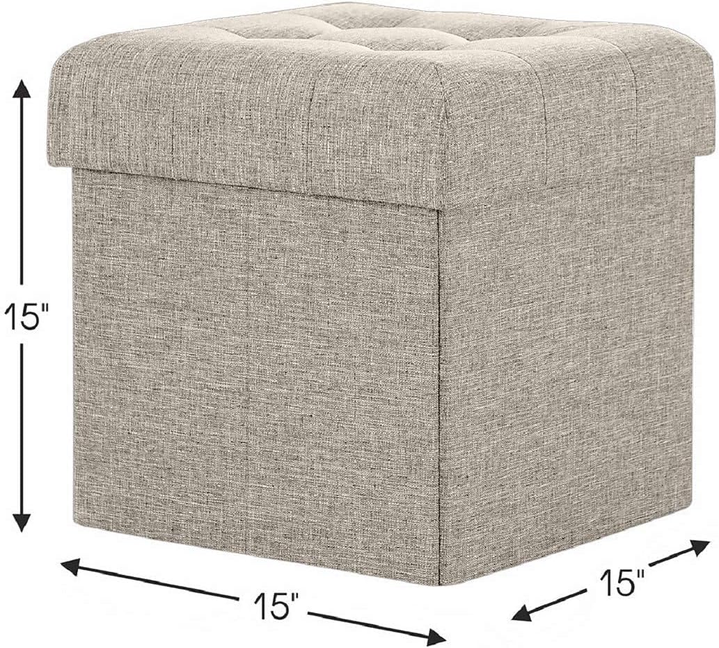 Ornavo Home Foldable Tufted Linen Storage Ottoman Square Cube Foot Rest Stool/Seat - 15" x 15" x 15" (Beige): Furniture & Decor