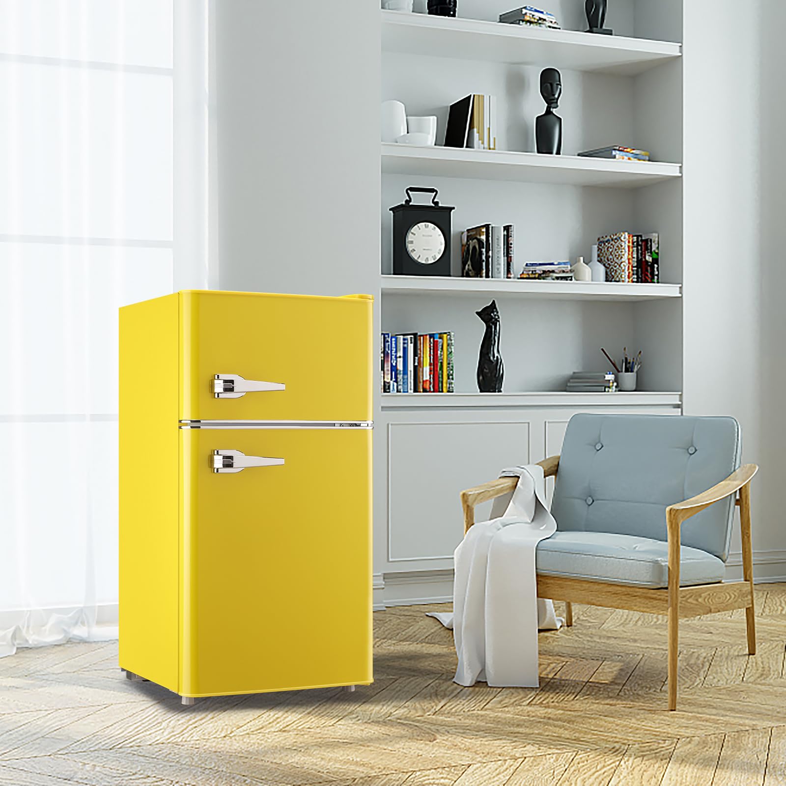 WANAI Compact Mini Refrigerator 3.5 Cu.Ft Small Refrigerator with Freezer, Retro Mini Fridge with Dual Door,7 Adjustable Thermostat, Adjustable Shelves For Dorm, Office Bedroom, Yellow