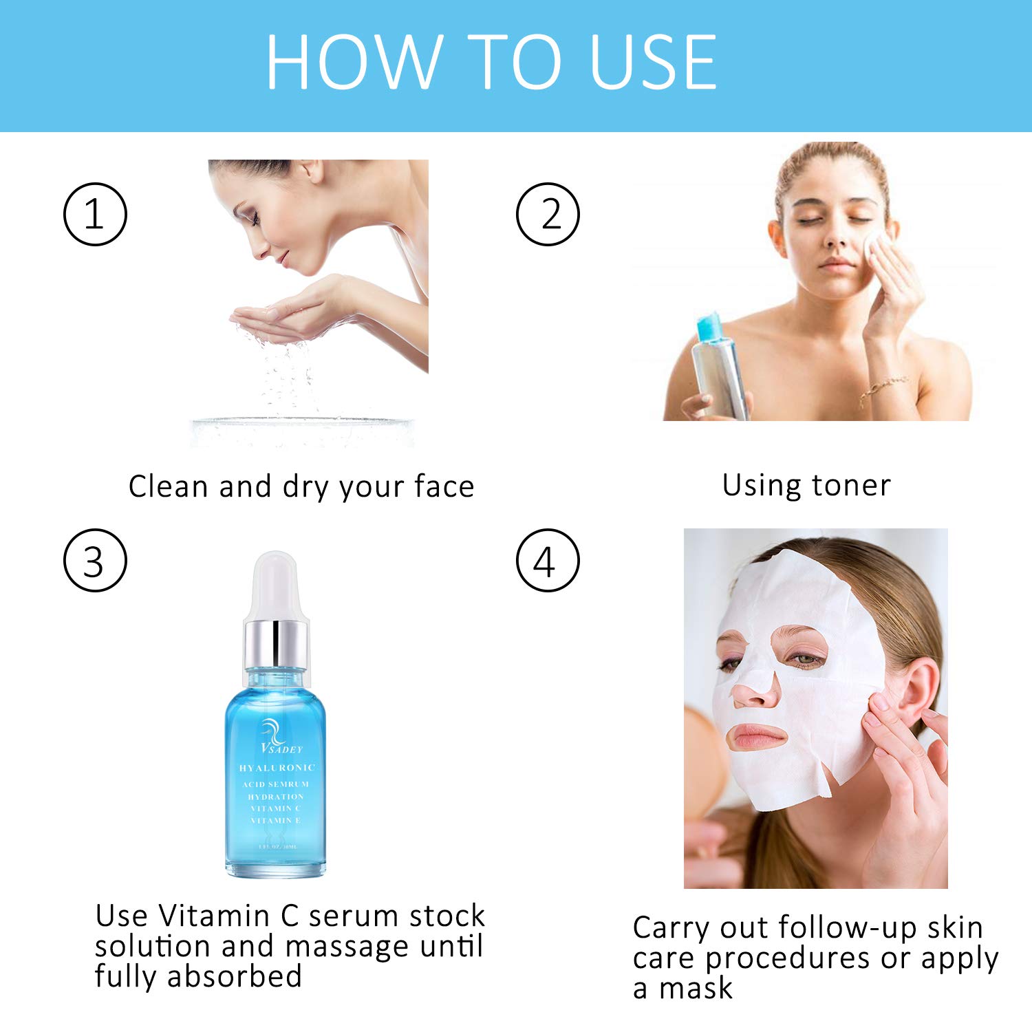 VSADEY Hyaluronic Acid Serum High Moisturizing Serum for Face Neck, Anti Aging Anti Wrinkle Serum, Vitamin C Serum Day Night Serum for Women Men, 30ml